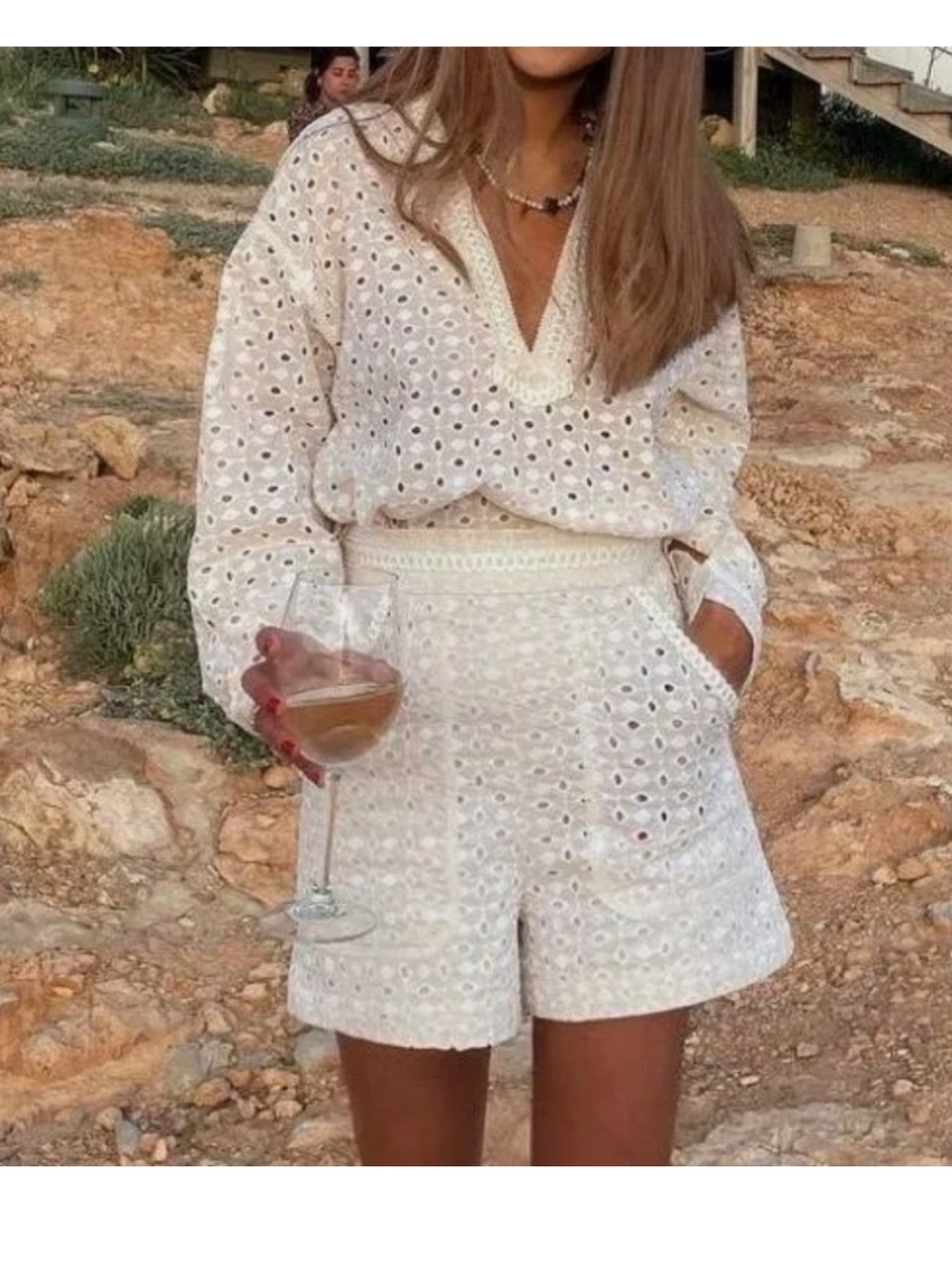 Zara Cream Eyelet Lace High Rise Shorts Crochet Trim Euro Summer Romantic Boho
